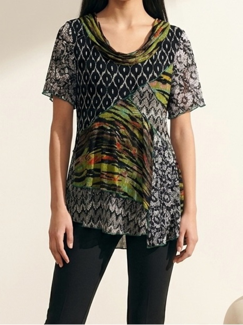 Feratelli Women's Short Sleeve Lagenlook Patchwork Asymmetrical Tunic Top XL